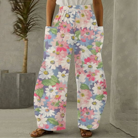 Lilgiuy Fashion Women Comfortable Printed Color Drawstring Leisure Pants Pockets Loose Pants for Office Work Business