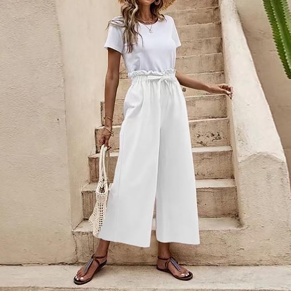 Lilgiuy Fashion Women Solid Buttons Cotton And Linen Casual Loose Trouser Wide Leg Pants All Around Tummy Control Pants