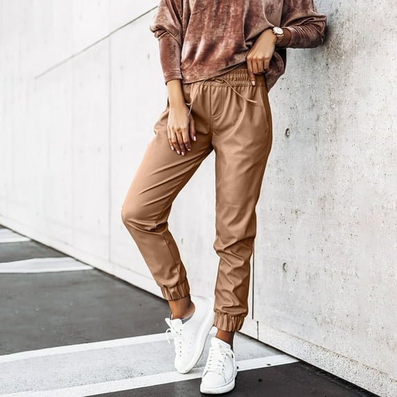 Lilgiuy Fashion Women Solid Pockets Drawstring Casual Mid Waist Leather Long Pants for Office Work Business