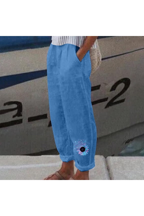 Fashion Women Summer Casual Loose Cotton And Linen Pocket Printing Trousers Pants for Camping Climbing