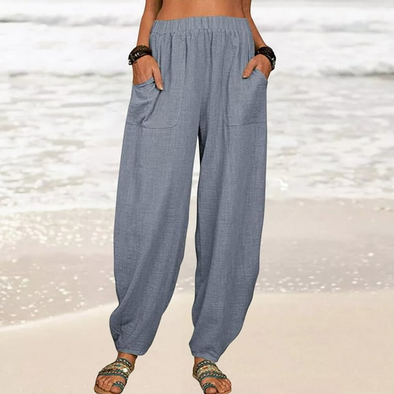 Lilgiuy Fashion Women Summer Casual Loose Cotton And Linen Pocket Solid Trousers Pants Cooling Tactical Hiking Pants