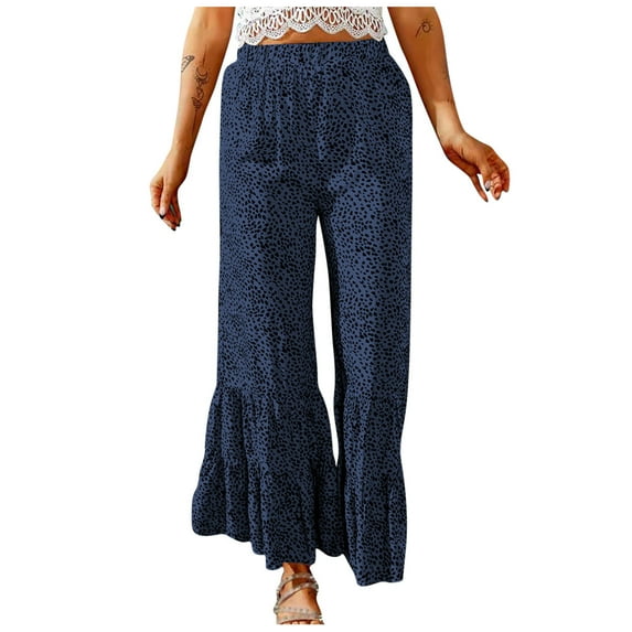 Lilgiuy Fashion Women Summer Casual Loose High Waist Pleated Wide Printing Trousers Pants Dark Blue 12(XXL) Winter Fashion 2022
