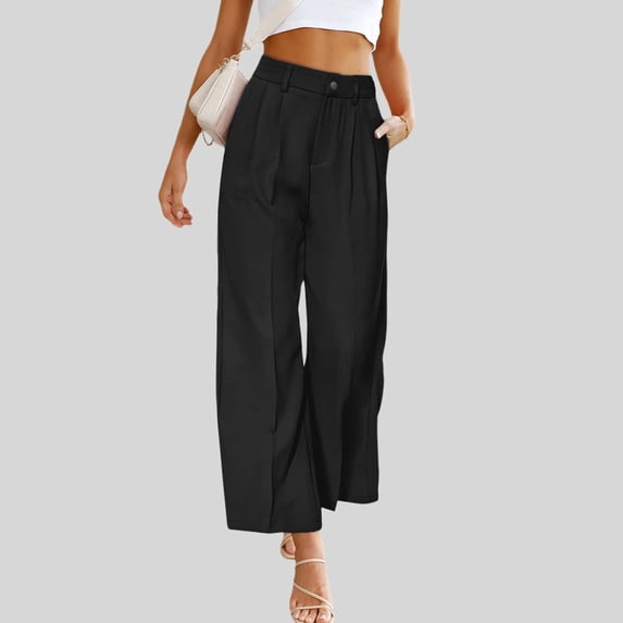 Lilgiuy Fashion Women Summer Casual Loose Pocket Solid Button Zipper Trousers Elastic Waist Pants Petite Classic Fit Proportioned Pant