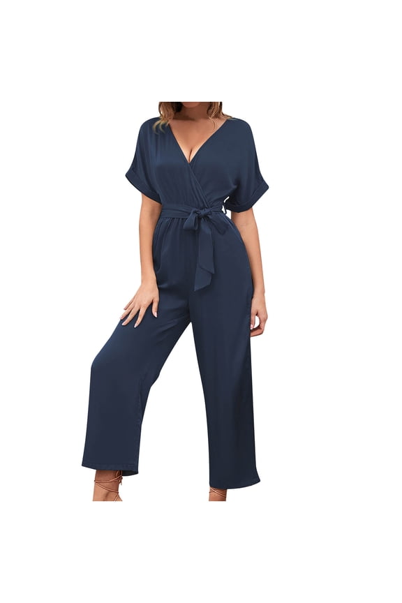 Fashion Women Summer Casual Sexy Short Sleeve Solid Color Bandage Wide Leg Pants Jumpsuits Navy 10(XL) Fall Clothes for 2022 Spring Winter
