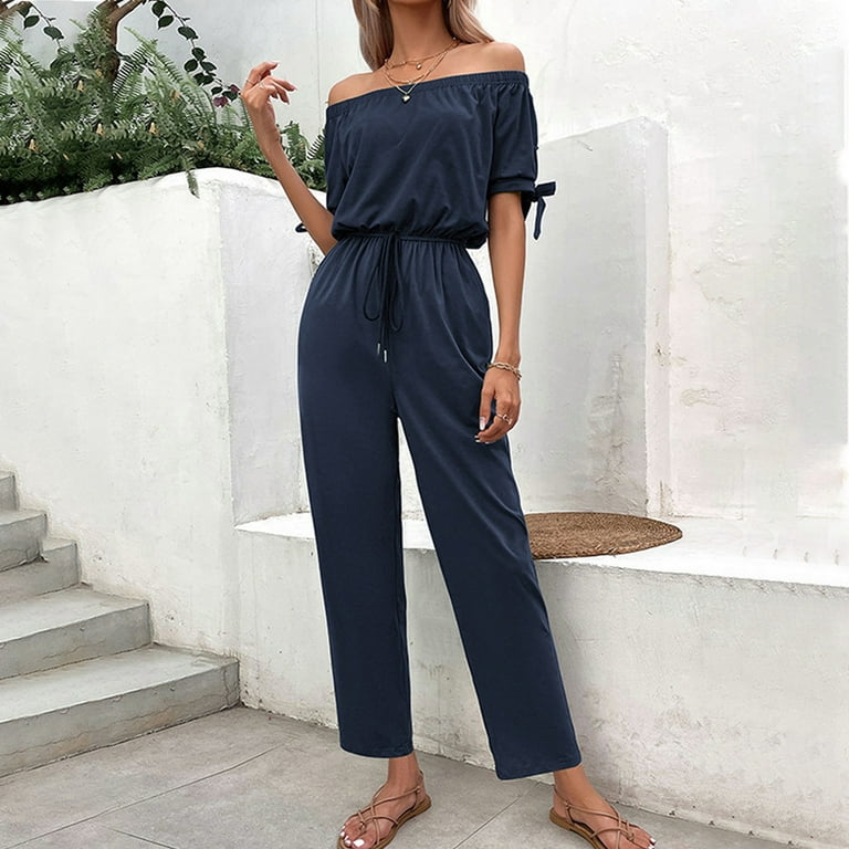Lilgiuy Fashion Women's Solid Bandaget Elastic Waist Off Shoulder Short  Sleeve Jumpsuits All Around Tummy Control Pants