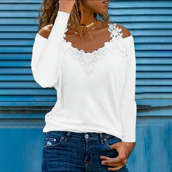Lilgiuy Fashion Women's V-Neck Casual Long Sleeve Lace Patchwork Solid Blouse Top Lightweight Active Yoga Tee Shirts
