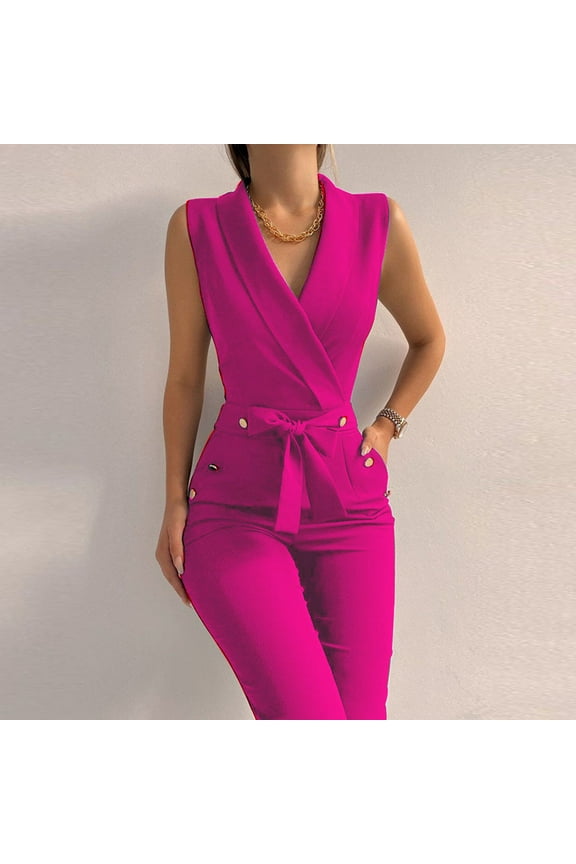 Fashion Womens Bandage Solid Cold Shoulder Suspender Cami Pants Zipper Jumpsuit Hot Pink 4 2022 Fall Winter
