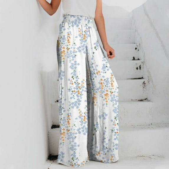 Lilgiuy Fashion Womens Casual Cotton Print Pants Straight Wide Leg Trousers Pants Petite Classic Allure Fit Proportioned Pant