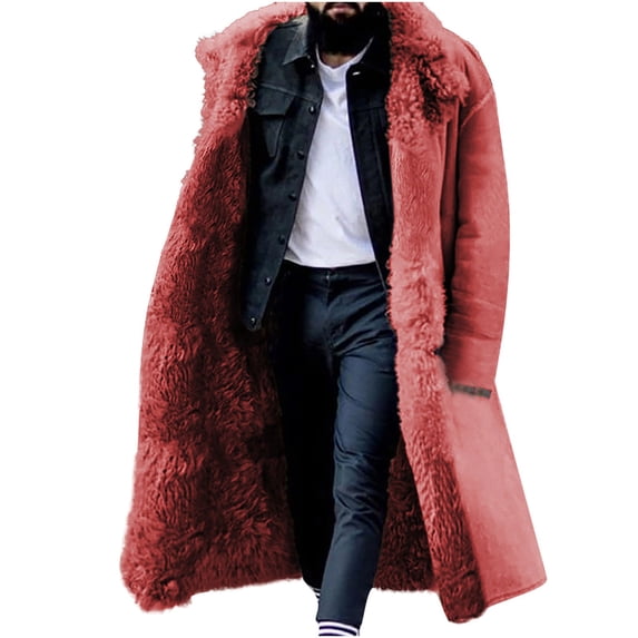 Lilgiuy Faux Fur Fleece Overcoat for Men Casual Solid Color Turndown Single-breasted Heavyweight Winter Warm Over The Knee Coat for Sailing Fishing Camping