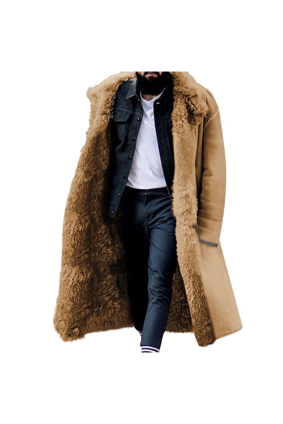 Faux Fur Fleece Overcoat for Men Casual Solid Color Turndown Single-breasted Heavyweight Winter Warm Over The Knee Coat for Stage Performance