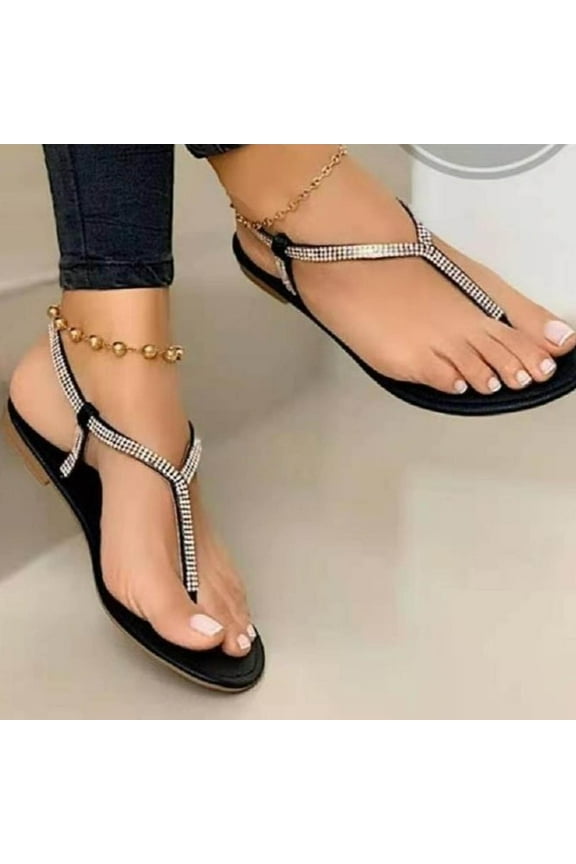 Flat Sandals for Women Summer Casual Simple Elastic Ankle Strap Sandals Open Toe Rhinestone T-Strap Thong Flip Flops for Party Office Holiday Black