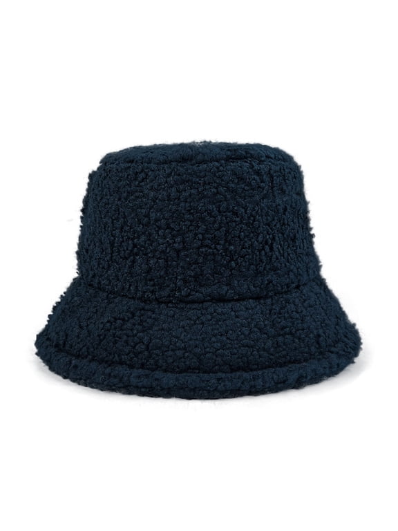 Fuzzy Bucket Hat for Women Casual Solid Color Furry Fur Bucket Hat Winter Warm Plush Fisherman Fluffy Sherpas Wide Brim Bucket Hat for Men Teen Girls, Navy