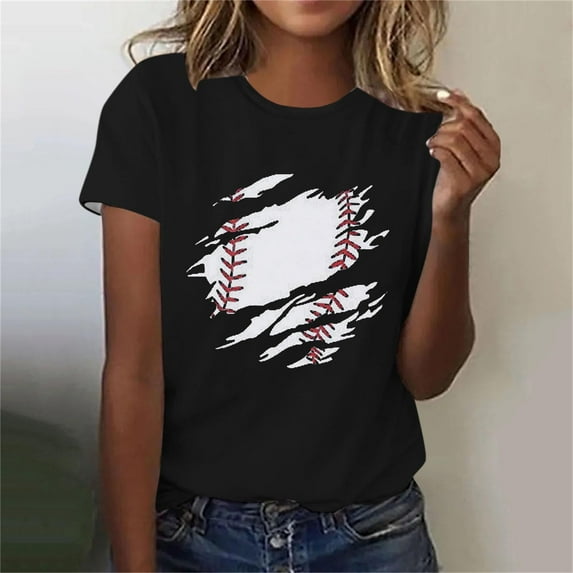 Lilgiuy Game Day Baseball Shirt for Women Cute Mom Softball Tee Tops Trendy Gameday Baseball Casual Short Sleeve Shirts for Game Day(Black,2XL)