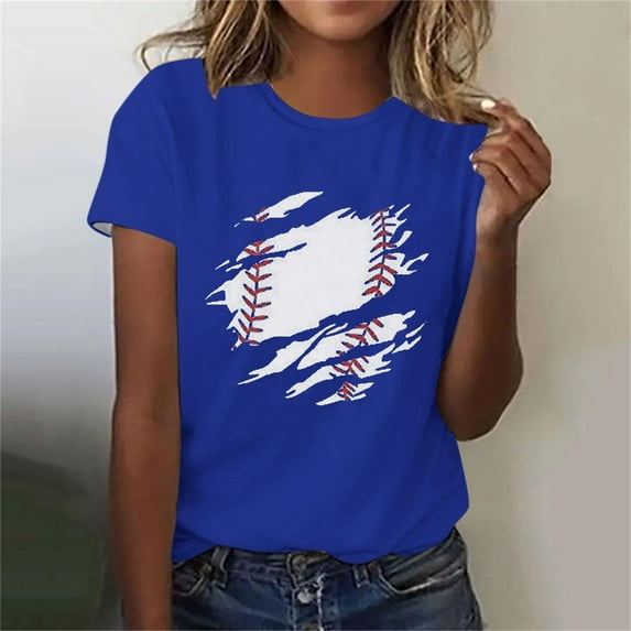 Lilgiuy Game Day Baseball Shirt for Women Cute Mom Softball Tee Tops Trendy Gameday Baseball Casual Short Sleeve Shirts for Game Day(Blue,M)