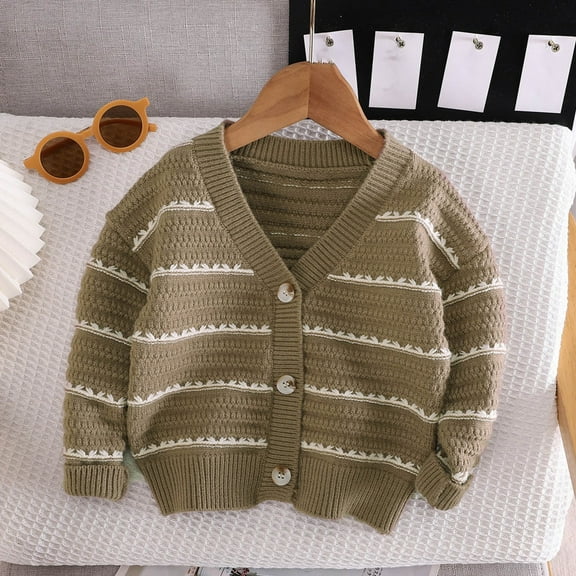 Lilgiuy Girl's Button Down Striped Cardigan Sweater Long Sleeve V-neck Casual Loose Knit Outwear (Green,2-3 Years)