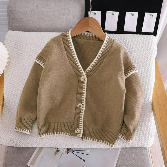 Lilgiuy Girl's Cute Cardigan Casual Solid Color Button Down Long Sleeve V Neck Knitted Sweaters Christmas Birthday Gifts for Kids(Brown,0-1Years)