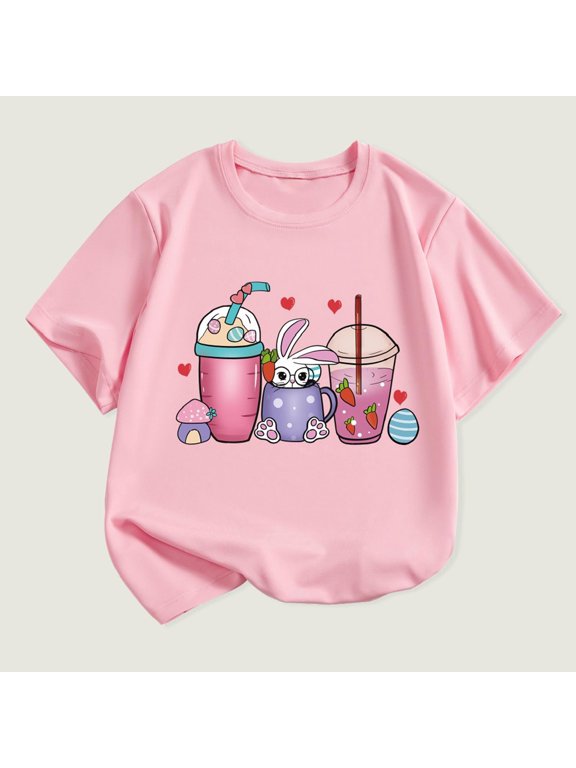 Girls Boys Easter's Day T-Shirt Casual Bunny Drinking Eggs Graphic Shirts Short Sleeve Round Neck Tee for Toddler Kids Cotton Soft Tops (Pink,2-3 Years)