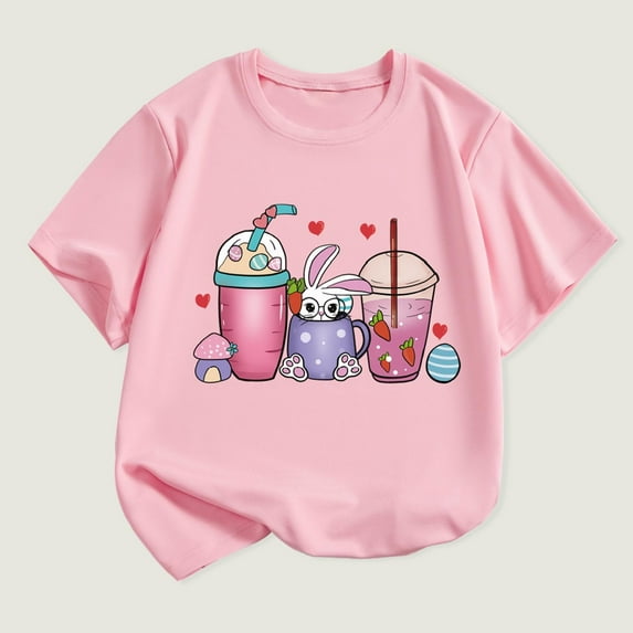 Lilgiuy Girls Boys Easter's Day T-Shirt Casual Bunny Drinking Eggs Graphic Shirts Short Sleeve Round Neck Tee for Toddler Kids Cotton Soft Tops (Pink,3-4 Years)