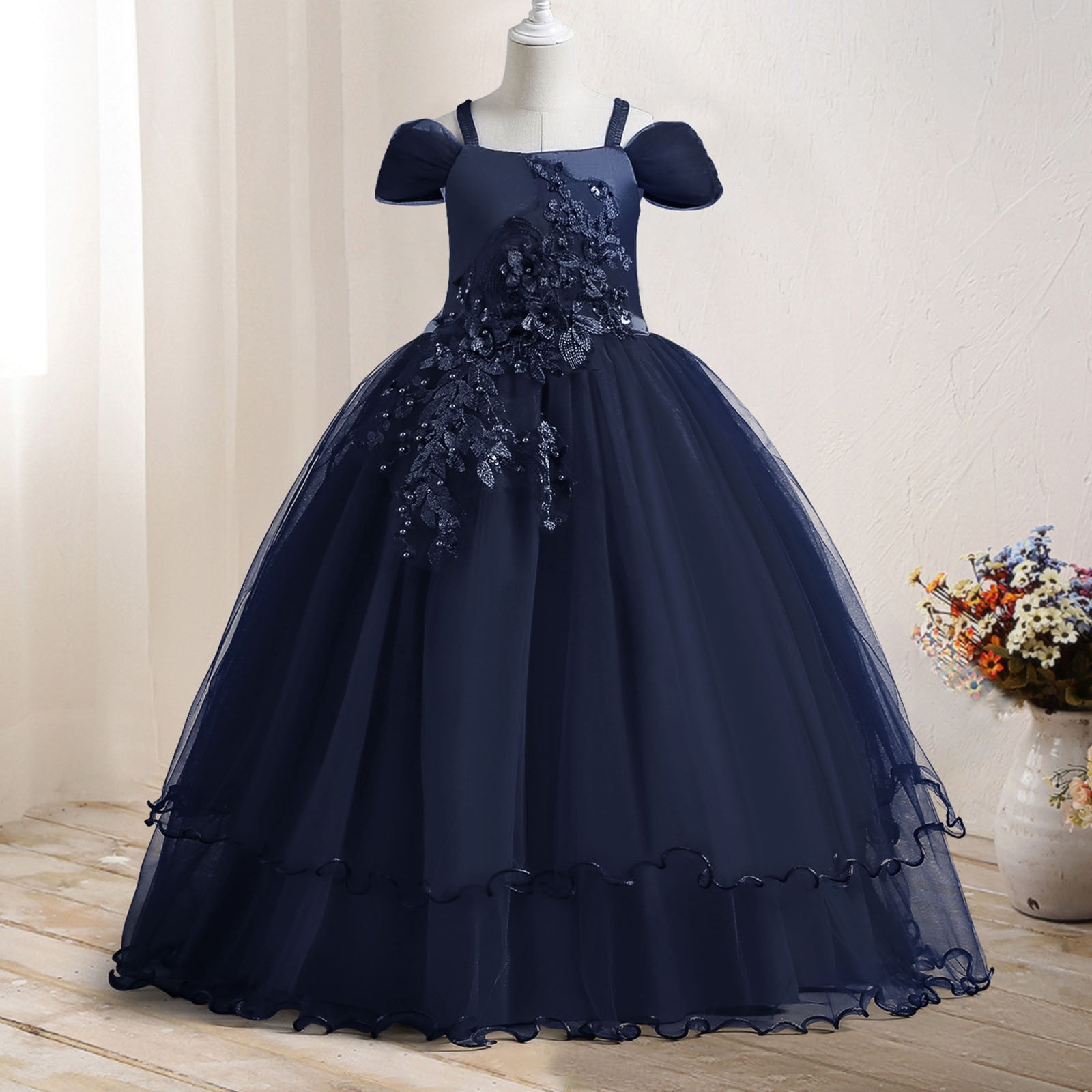 Lilgiuy Girls Dress Charming Off Shoulder Floral Long Swing Skirt for  Wedding Party Ceremony Bridemaid Flower Girls Clearance - Walmart.com