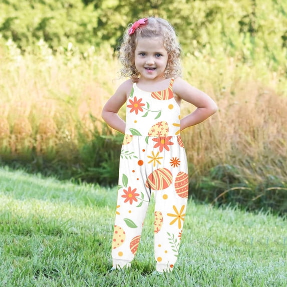 Lilgiuy Girls Easter Jumpsuits Spaghetti Strap Sleeveless Easter Eggs Print Loose Romper Long Pants with Pockets Toddler Clothes Easter Gifts(Multicolor,3-4 Years)