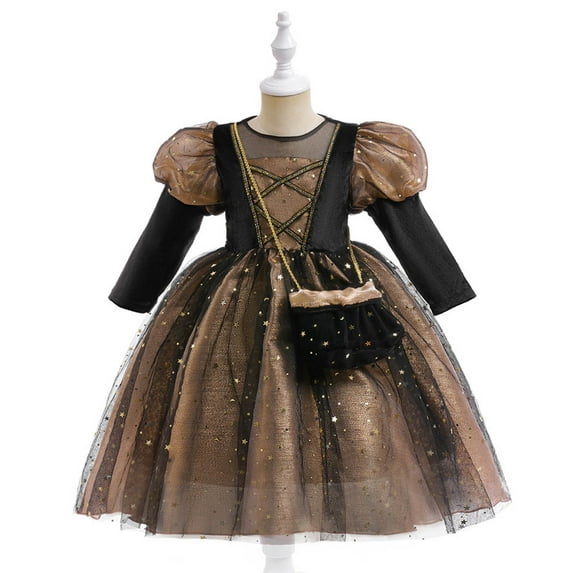 Lilgiuy Girls Fashion Halloween Party Outfit New Long Sleeve Sequin Tulle Prom Princess Dress Candy Bags Set Gifts for Children Gold (5-6 Years)