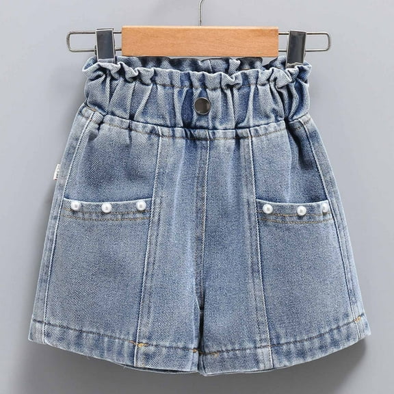 Lilgiuy Girls Summer Denim Shorts Casual Playwear Elastic Waistband Jeans Short with Pearl Pocket Blue