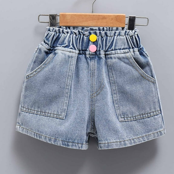 Lilgiuy Girls Summer Denim Shorts Thin Colorful Buttons Elastic Waist Shining Denim with Large Pocket Clearance
