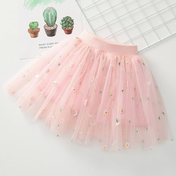 Lilgiuy Girls Tulle Tutu Skirt High Waist Ballet Dance Dress Skirt Solid Color Net Yarn Crimping Daisy Embroidery Tulle Skirt for 3Y