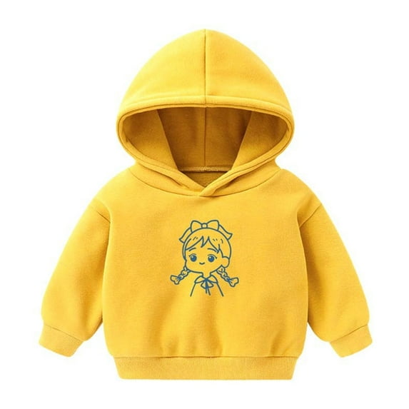 Lilgiuy Girls Warm Fleece Hooded Pullover Cute Cartoon Graphic Long Sleeve Sweatshirt Tops Toddler Autumn Winter Shirts for Camp Vacation Holiday(Yellow,6-7 Years)