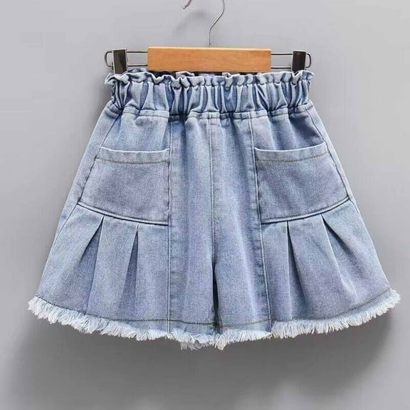 Lilgiuy Girls Wide Leg Denim Shorts Summer Casual Elastic Ruffled Waist with Pockets Jeans High Waist Soft Shorts for 4-15 Years
