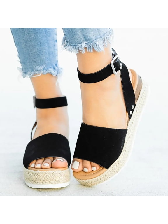 Gladiator Sandals for Women,Summer New Open Toe Slip On Platform Sandals Adjustable Ankle Strappy Wedges Canvas Beach Shoes,Black,8