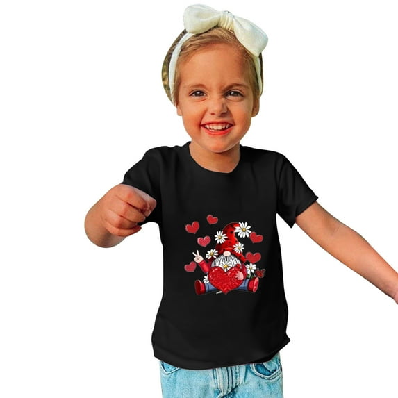 Lilgiuy Gnome Valentines Day T Shirt for Toddler Boys Girls Cute Solid Color Love Red Heart Happy V-Day Short Sleeve Summer T-Shirt for 3-10 Years (Black)