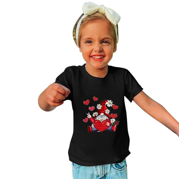 Lilgiuy Gnome Valentines Day T Shirt for Toddler Boys Girls Cute Solid Color Love Red Heart Happy V-Day Short Sleeve Summer T-Shirt for 3-10 Years (Black)