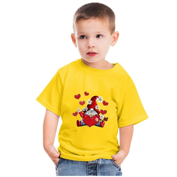 Lilgiuy Gnome Valentines Day T Shirt for Toddler Boys Girls Cute Solid Color Love Red Heart Happy V-Day Short Sleeve Summer T-Shirt Holiday Gifts (Yellow)