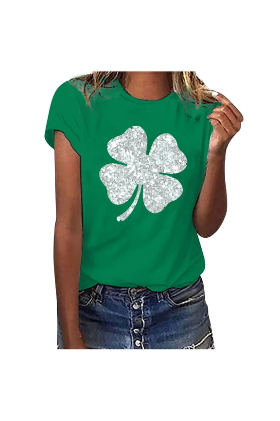 Green Shamrock Tee Shirt for Womens Casual Loose Clover Graphic Short Sleeve Shirt Tops St Patrick's Day Crewneck Tunic Blouse Tops for Home Leisure