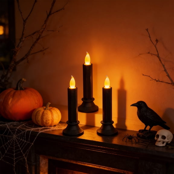 Lilgiuy Halloween Flameless Taper Candles, Shatterproof Candlesticks, Flickering Plastic Candles for Table Window Thanksgiving Fall Decor (Black, L)