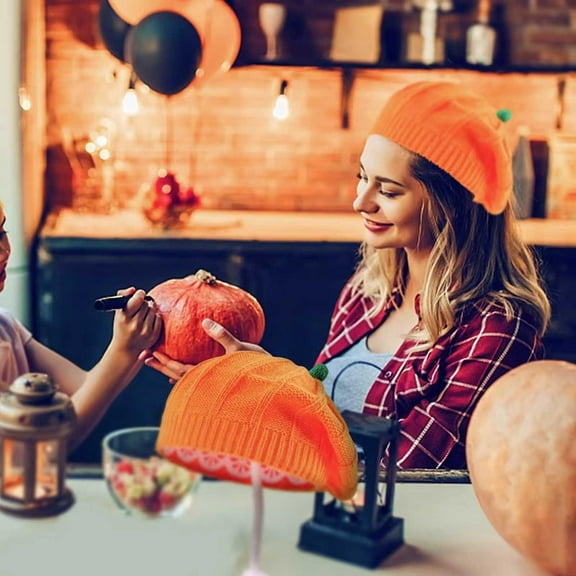Lilgiuy Halloween Pumpkin Hat, 2024 New Pumpkin Knit Beret Hat Plush Beanie Adult Cute Winter Warm Cap for Mom Halloween Christmas Thinksgiving, 10.24"x3.94"