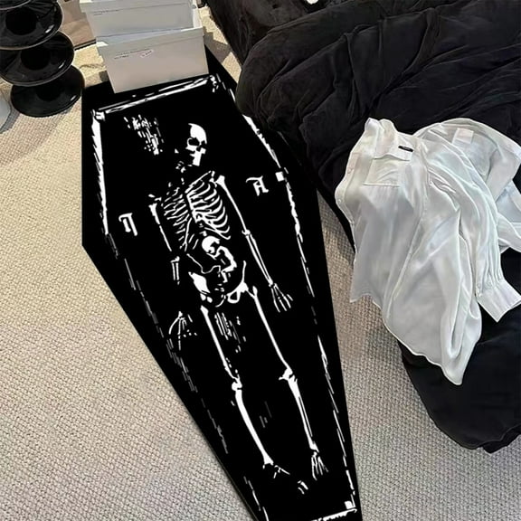 Lilgiuy Halloween Runner Rug Coffin Skeleton Runner Rug for Hallway Black Kitchen Runner Rug Non Slip Washable Rug Runner with Rubber Back Halloween Kitchen Mat Indoor Outdoor, 15.7x47.2in