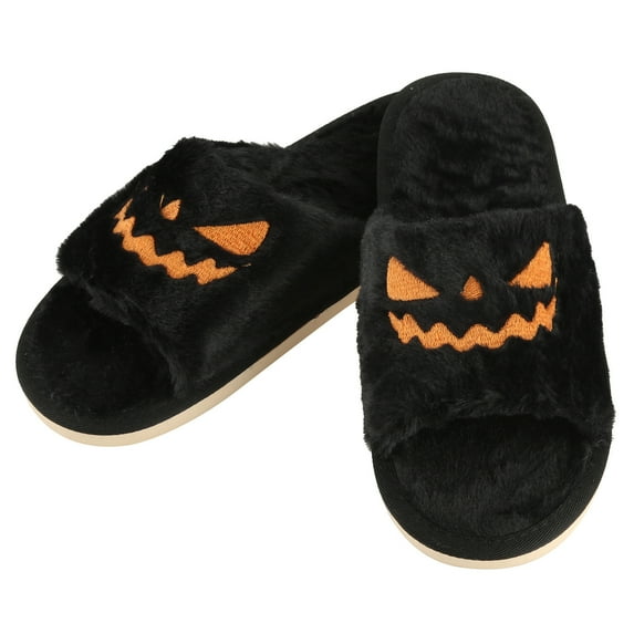 Lilgiuy Halloween Slippers Soft Plush Cozy Open Toe Women Indoor Or Outdoor Fuzzy Shoes Gifts For Girls Ladies WomenBlack,6(37)