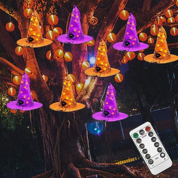Lilgiuy Halloween Witch Hat String Lights, Halloween Decorations Lighted Hanging Witch Hats, Spider Festival Horror String Lights for Outdoor Indoor Tree Garden Yard Home Party, Purple