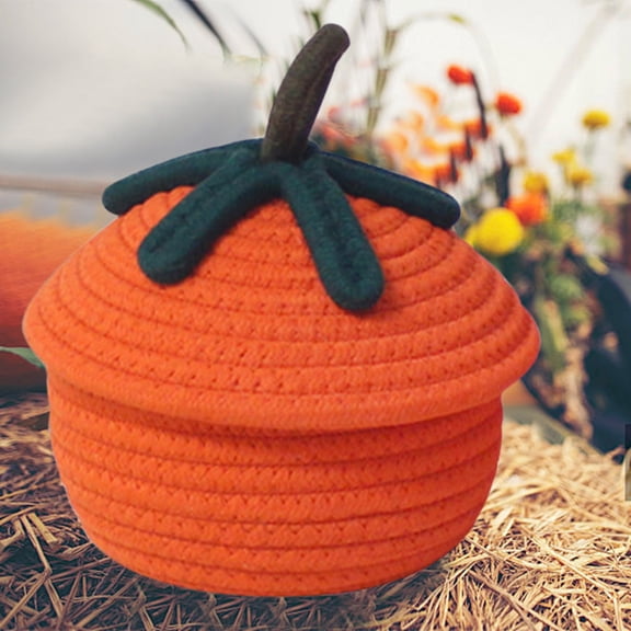 Lilgiuy Halloween Woven Candy Pumpkin Basket with Lid, Pumpkin Weave Rope Round Storage Basket, Pumpkin Desktop Storage Basket, Cute Small Basket for Organizing and Storing (6.4"x7")