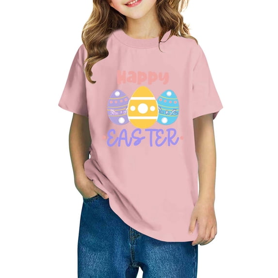 Lilgiuy Happy Easter Shirts Little Girls Boys Cute Colorful Eggs Graphic Tees Kids Easter Day Short Sleeve Breathable Soft Gift Tops for Your Baby Boys and Girls (Pink,4-5 Years)
