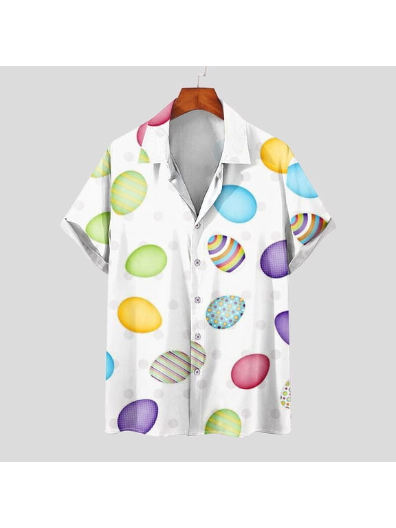 Hawaiian Shirt for Men Summer Short Sleeve Easter Bunny Eggs Rabbit Beach Casual Button Down Tropical Shirt Easter Gifts (White,2XL)