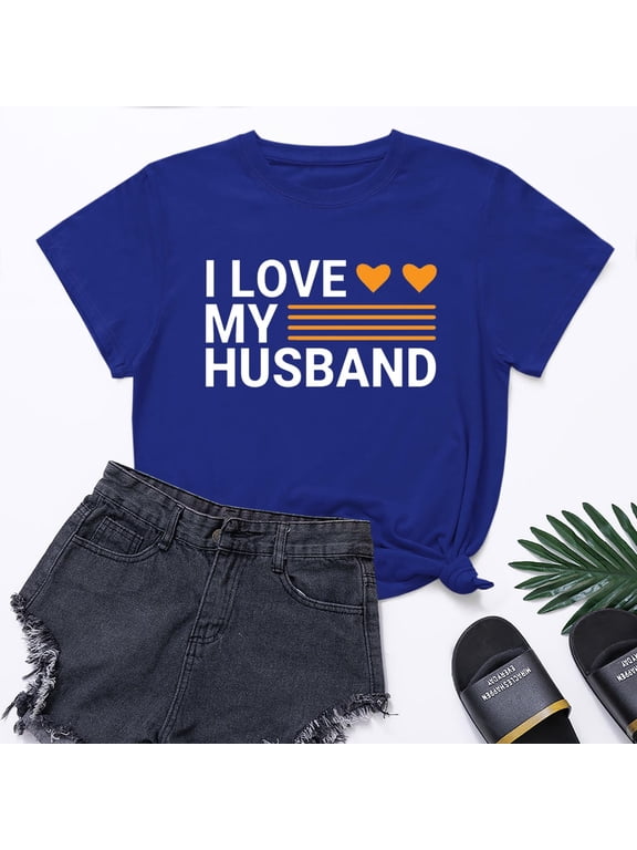 Heart Valentines Day Shirt for Women's I LOVE MY HUSBAND Letter Print Graphic Tees Short Sleeve Tops Casual Summer T Shirt for Going Out Shopping