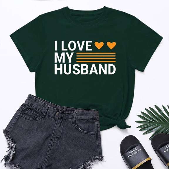 Lilgiuy Heart Valentines Day Shirt for Women's I LOVE MY HUSBAND Letter Print Graphic Tees Short Sleeve Tops Casual Summer T Shirt for Outdoor Activities