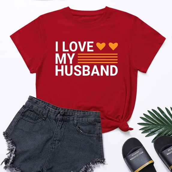 Lilgiuy Heart Valentines Day Shirt for Women's I LOVE MY HUSBAND Letter Print Graphic Tees Short Sleeve Tops Casual Summer T Shirt for Carnival Time