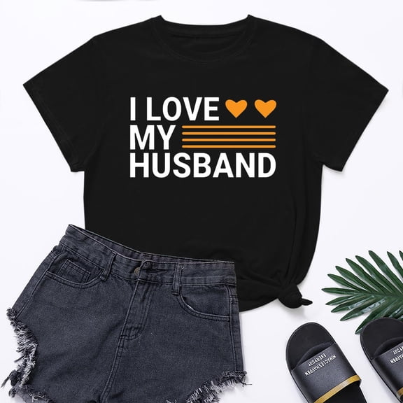 Lilgiuy Heart Valentines Day Shirt for Women's I LOVE MY HUSBAND Letter Print Graphic Tees Short Sleeve Tops Casual Summer T Shirt for Carnival Time