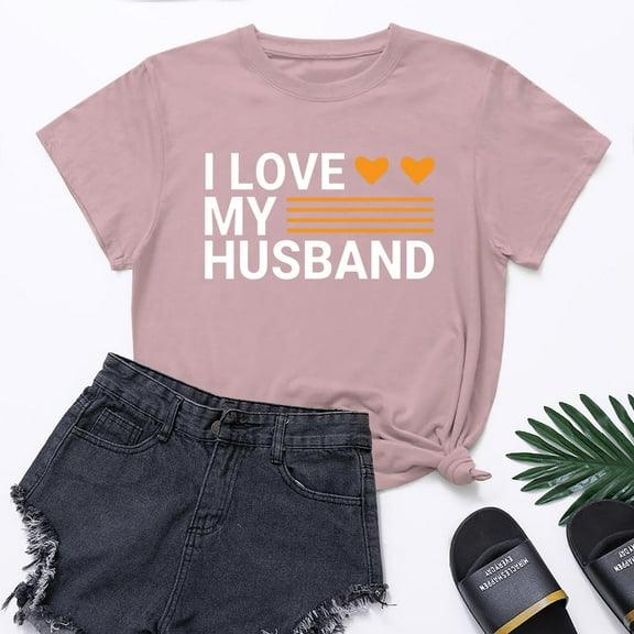 Lilgiuy Heart Valentines Day Shirt for Women's I LOVE MY HUSBAND Letter Print Graphic Tees Short Sleeve Tops Casual Summer T Shirt for Daily Wear