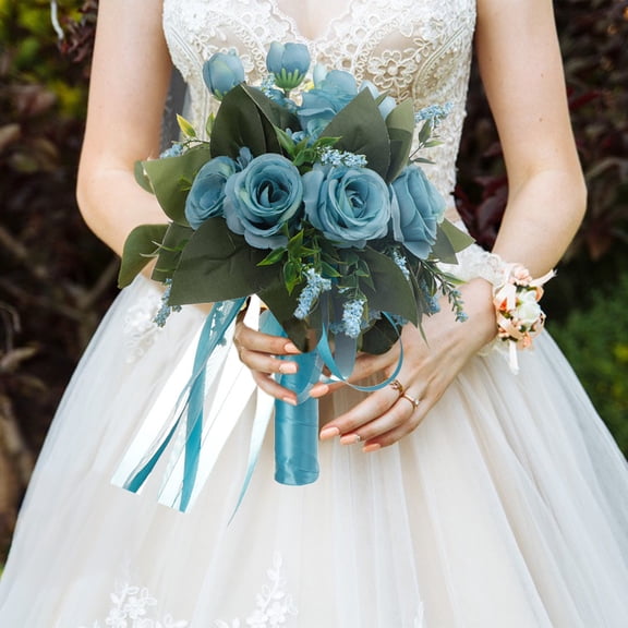 Lilgiuy Holding Flower for Bridal, Wedding Throw Bouquet, Bride Bridal Bouquet, Artificial Wedding Bouquet Simulation Rose Bouquet with Silk Ribbon for Wedding Brides Bridesmaid (Blue)