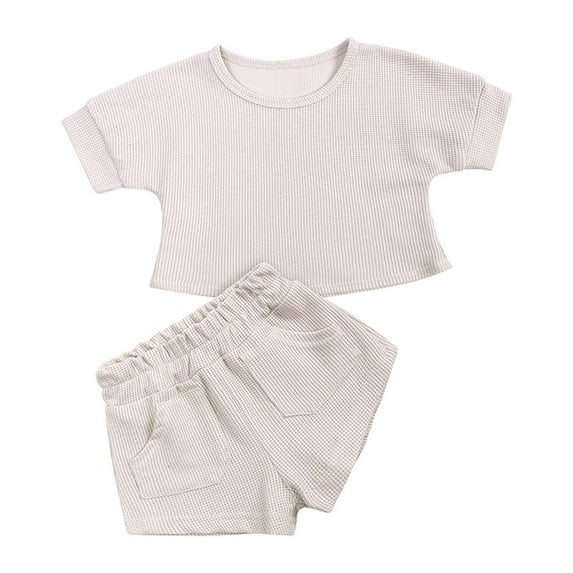 Lilgiuy Infant Boys Girls Casual Clothes Summer Waffle Short-sleeved Solid Color Top Comfortable Short with Pocket Two-piece Outfit